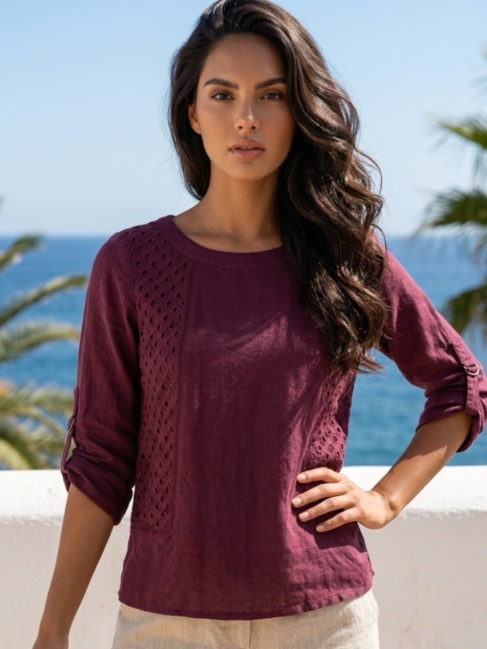 Skies Are Blue 100% Linen Womens Eyelet Coastal Girl Workwear Woven Top Medium